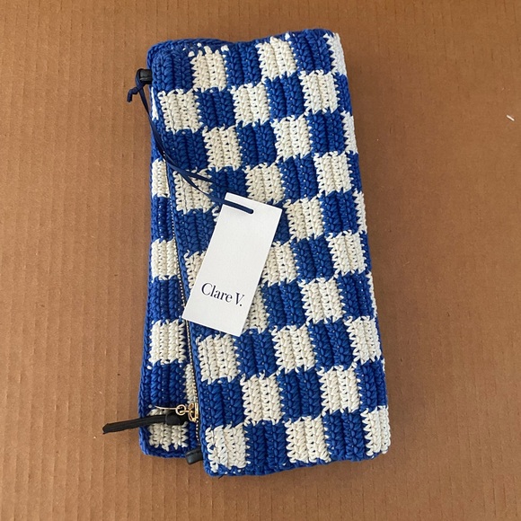 Clare V. Foldover Clutch "Cobalt/Cream Crochet Checker" - Picture 1 of 7